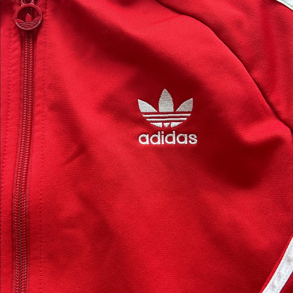 adidas Red Zip-Up Trefoil Track Jacket with White Stripes - Picture 2 of 3
